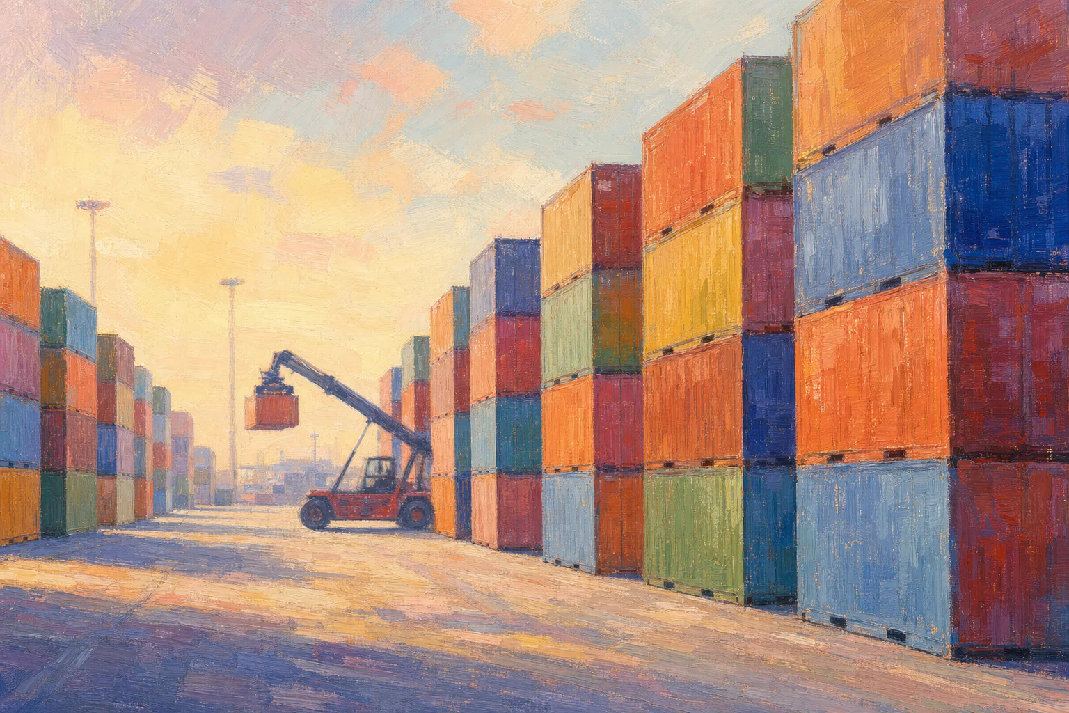 Stacked shipping containers in a port yard